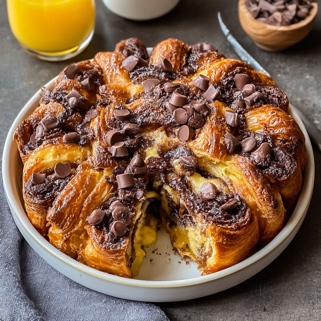 Chocolate croissant breakfast bake in a baking dish