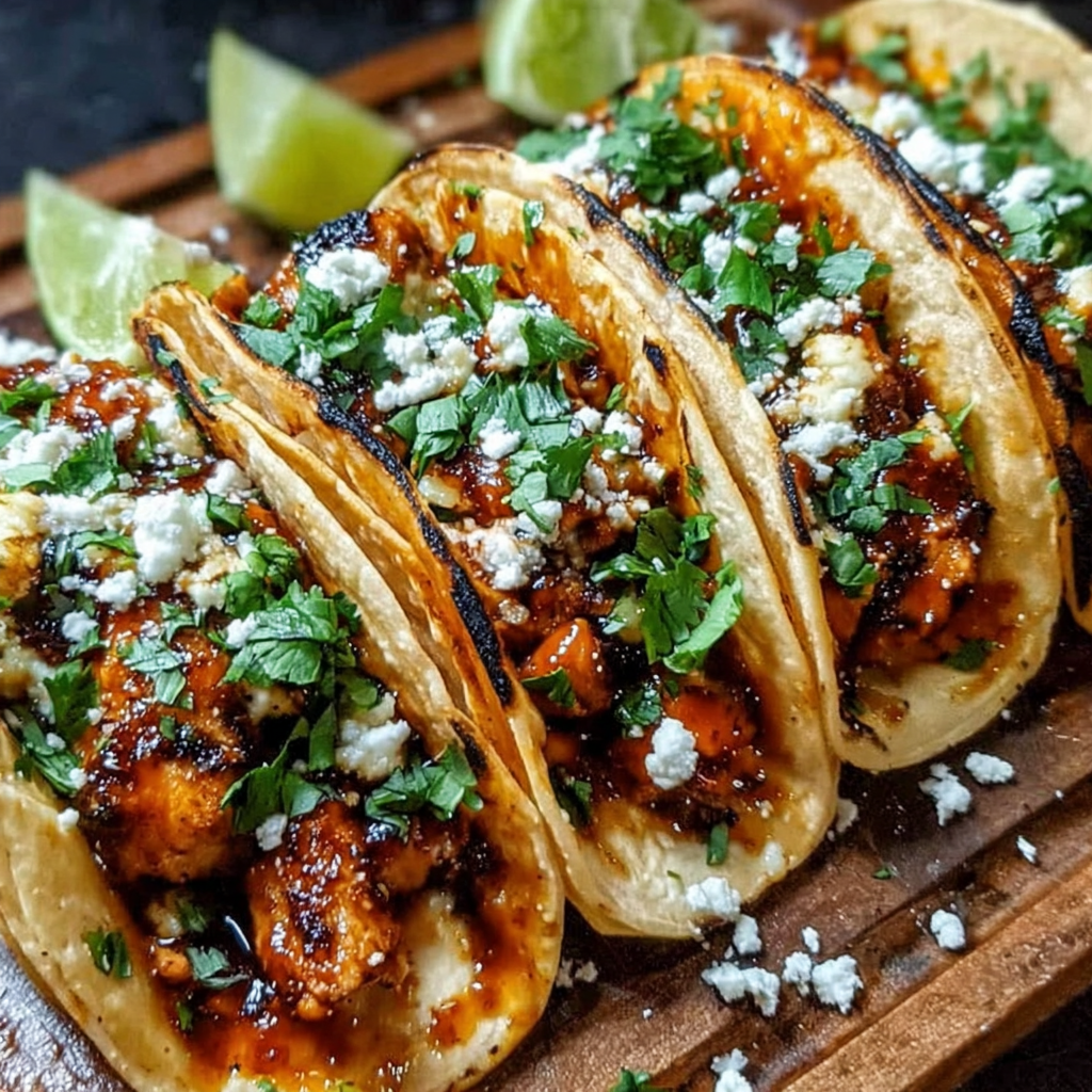Plated garlic butter honey BBQ chicken tacos with lime wedges