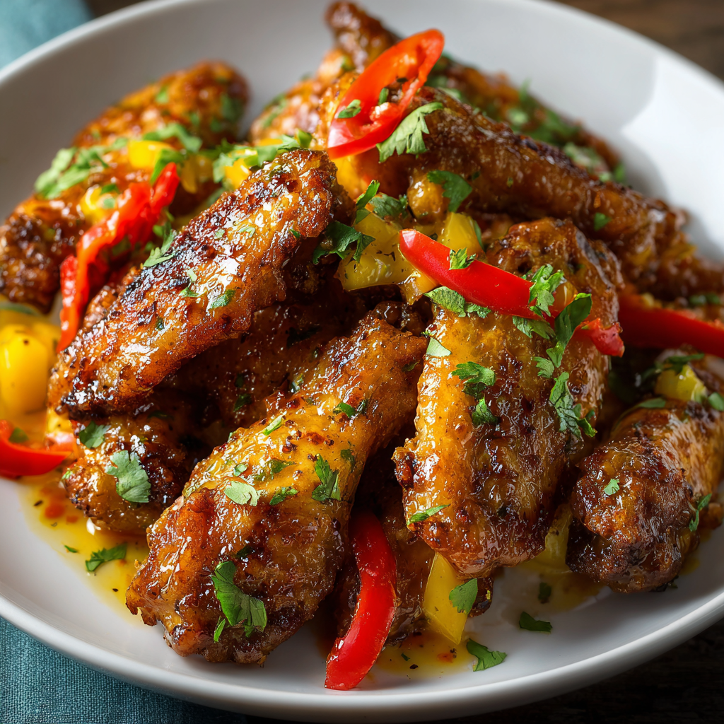Tray of mango chili chicken wings fresh from the oven