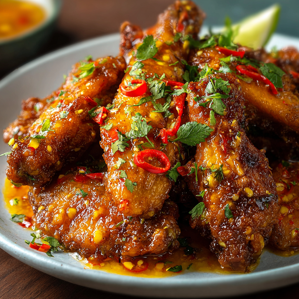 Close-up of sticky mango chili glaze on chicken wing