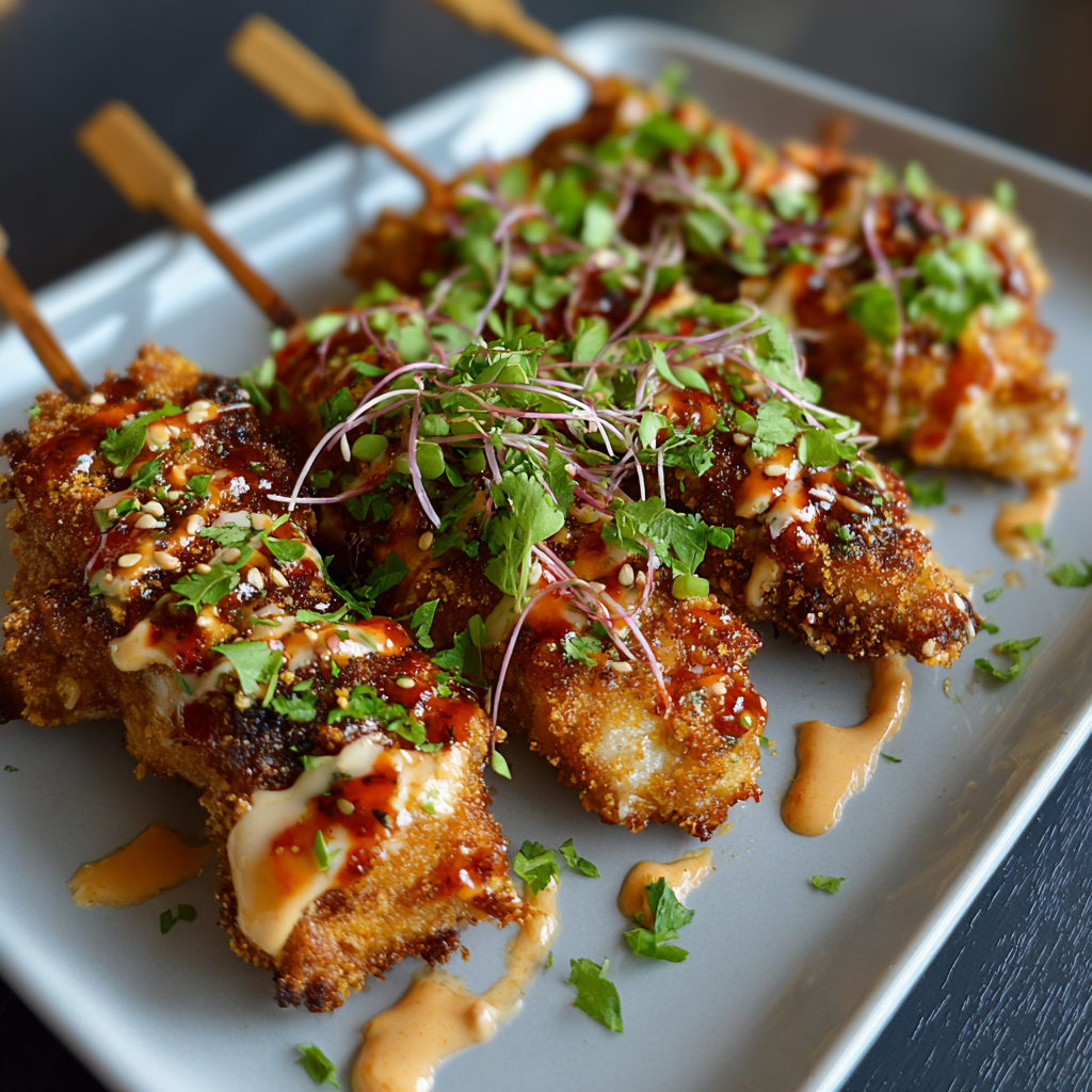 skewers on a plate garnished with sesame seeds