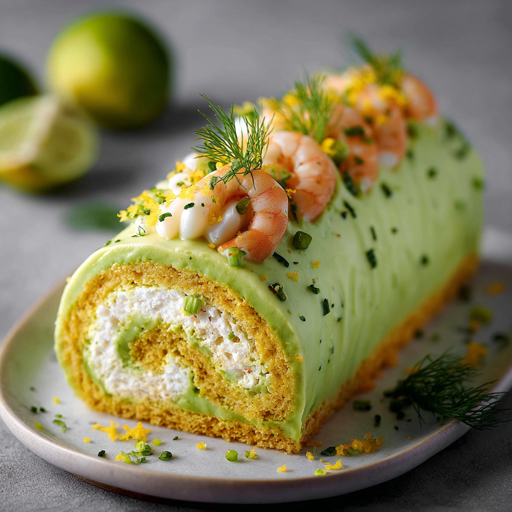 Bûche roulée aux crevettes et avocat après refroidissement