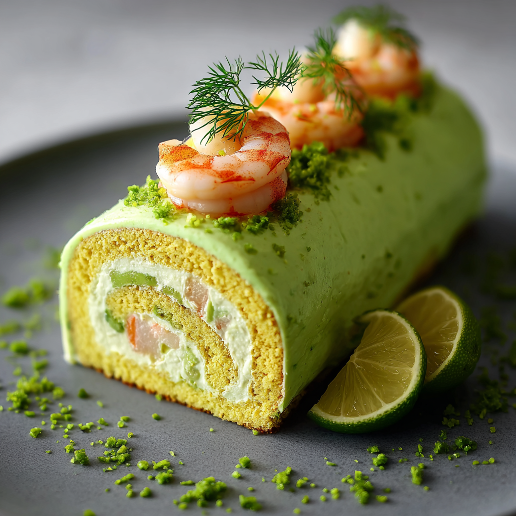 Tranches servies de la roulade aux crevettes et avocat