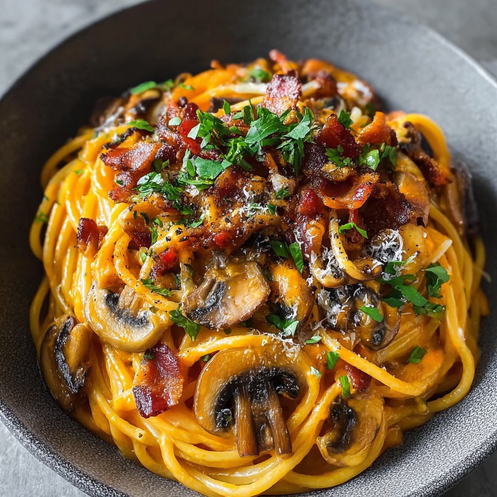 Close-up of pumpkin sauce with mushrooms in a pan