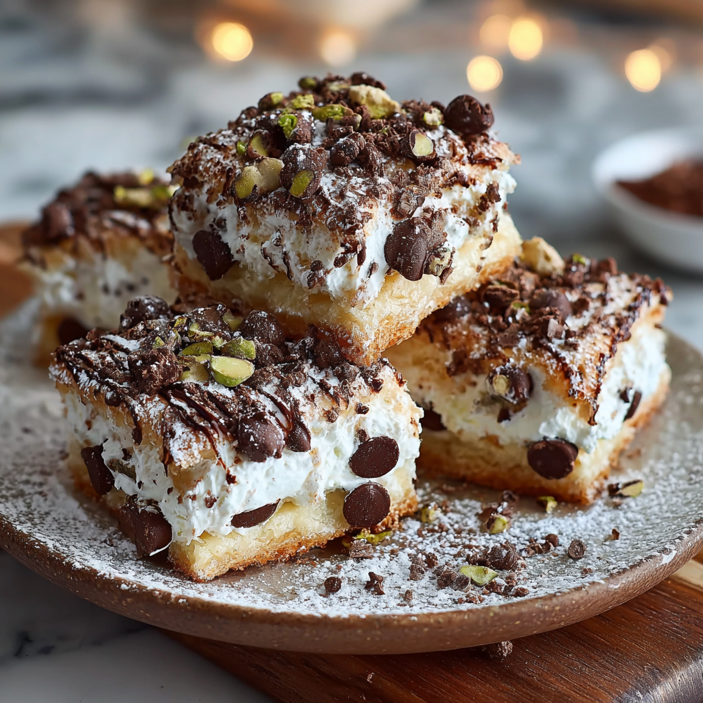 Top view of cannoli squares on a wooden board