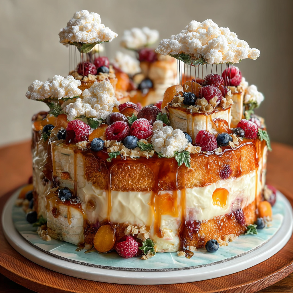 Close-up of layered cake with berries and whipped topping