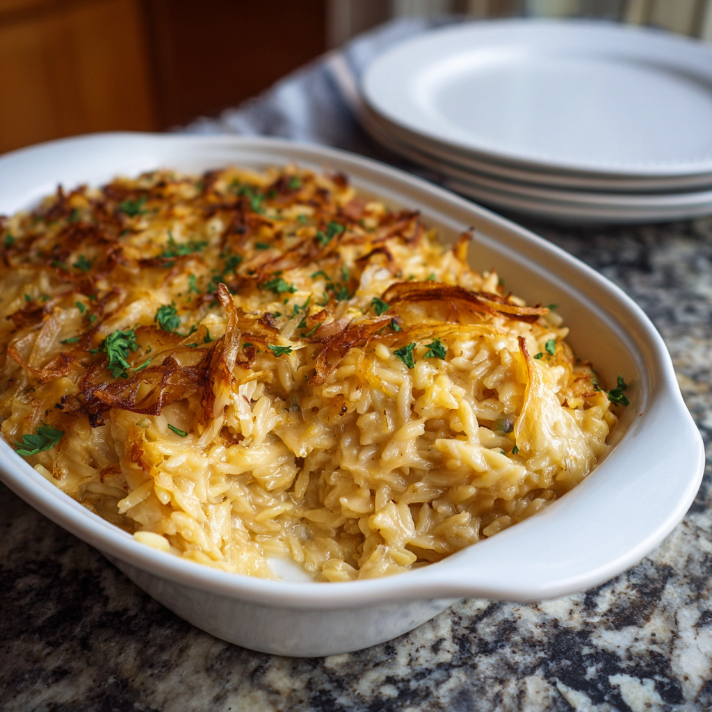 Baked orzo with golden cheese crust