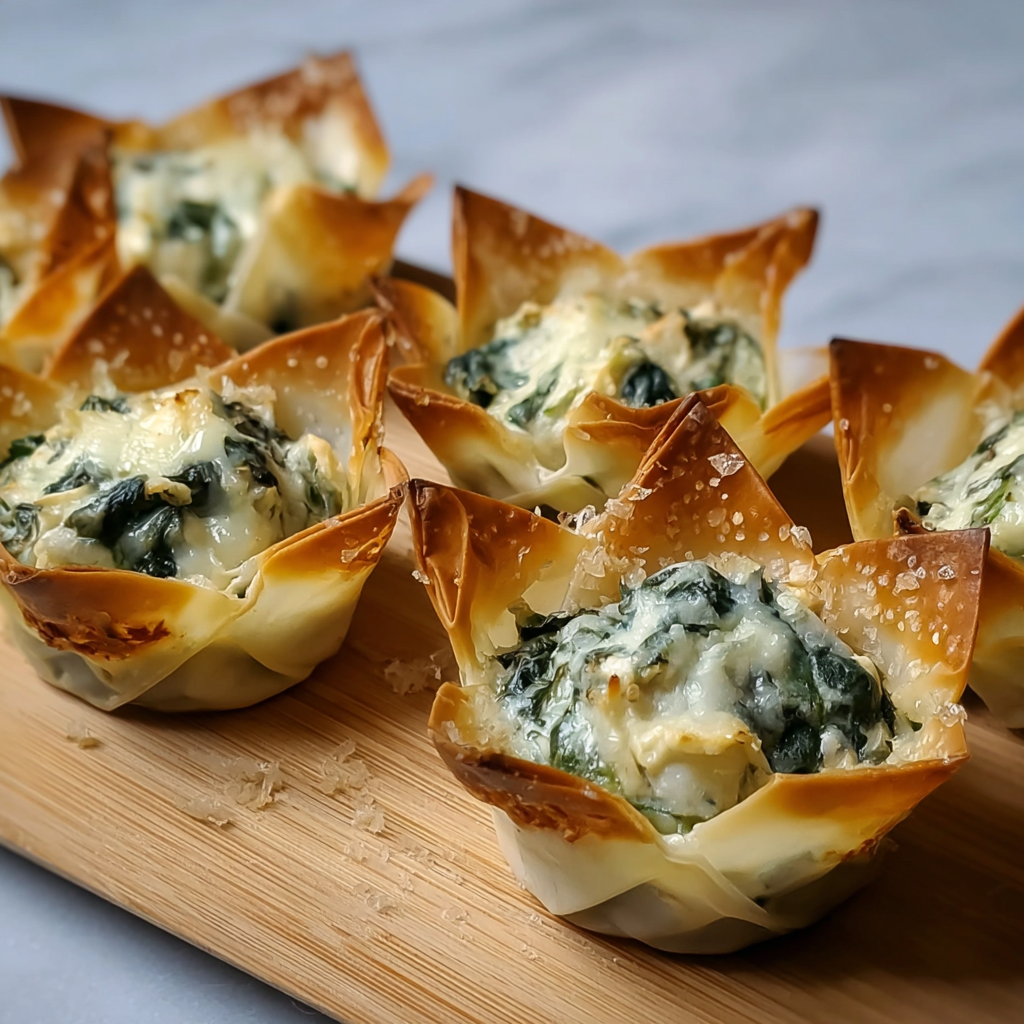 Spinach artichoke wonton cups baking in muffin tin