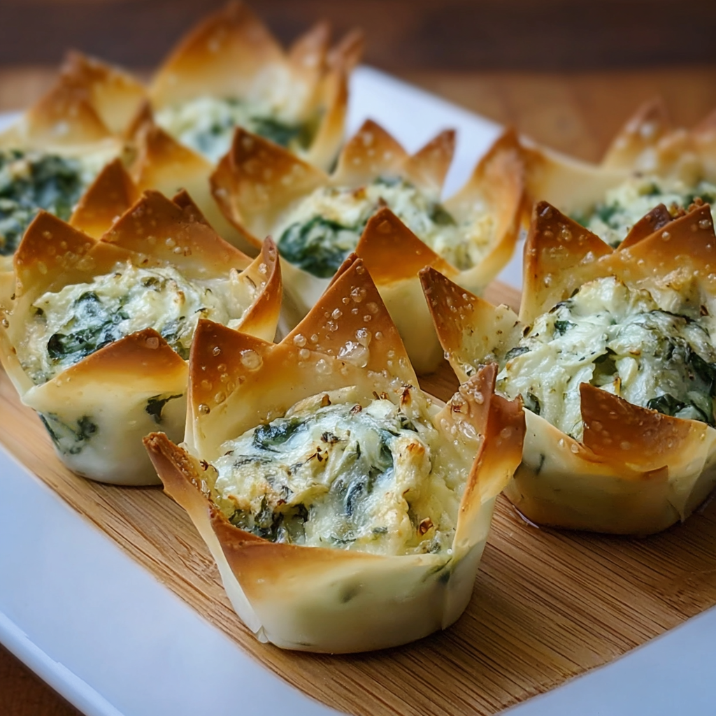 Close up of crispy golden wonton cup filled with cheese