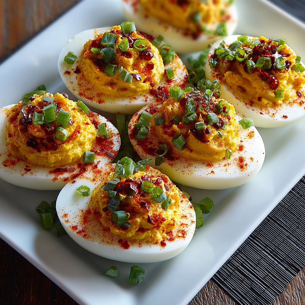 Deviled eggs on a platter garnished with cilantro and green onion