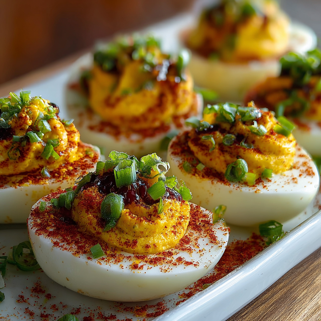 Close-up of a filled deviled egg showing spicy filling and garnish