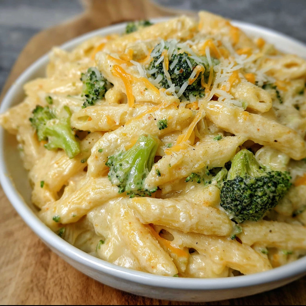 Creamy broccoli cheese pasta in a bowl
