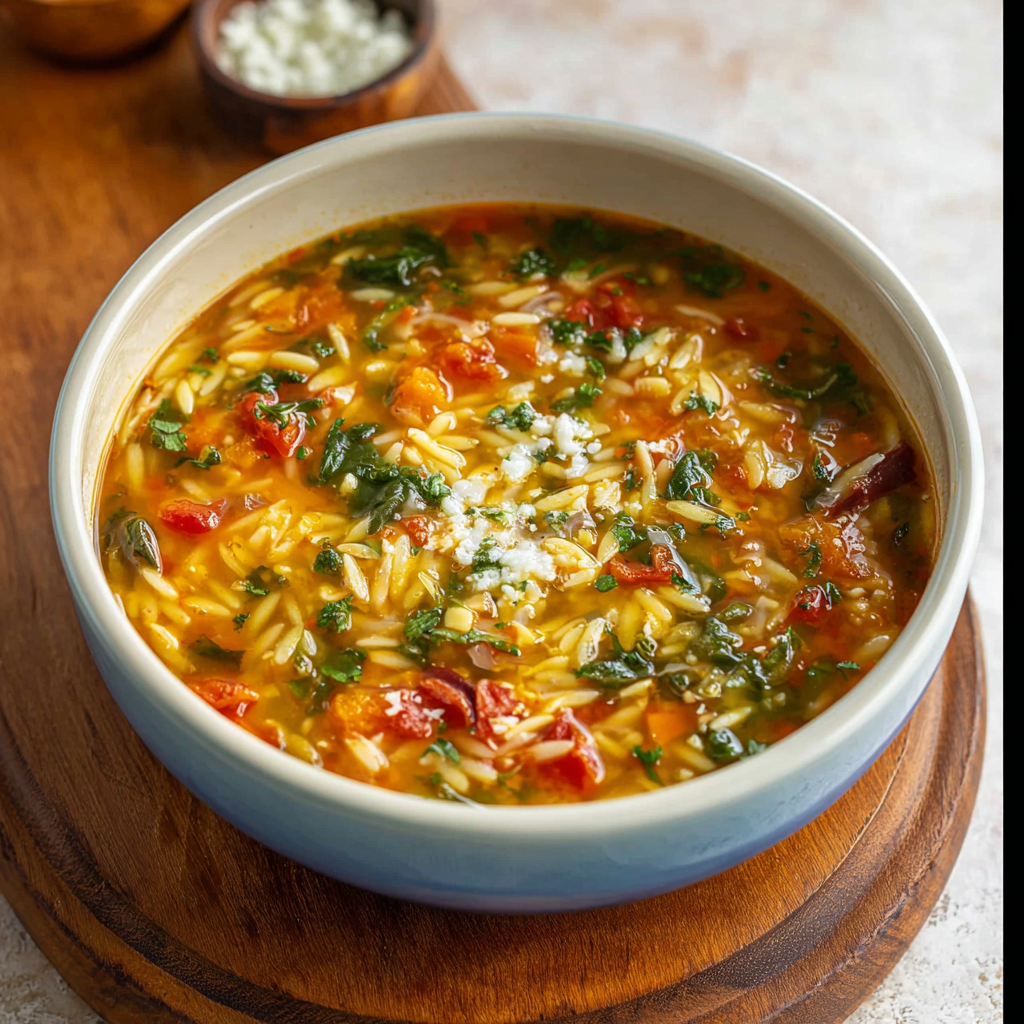 Bowl of Mediterranean orzo soup finished with basil and Parmesan