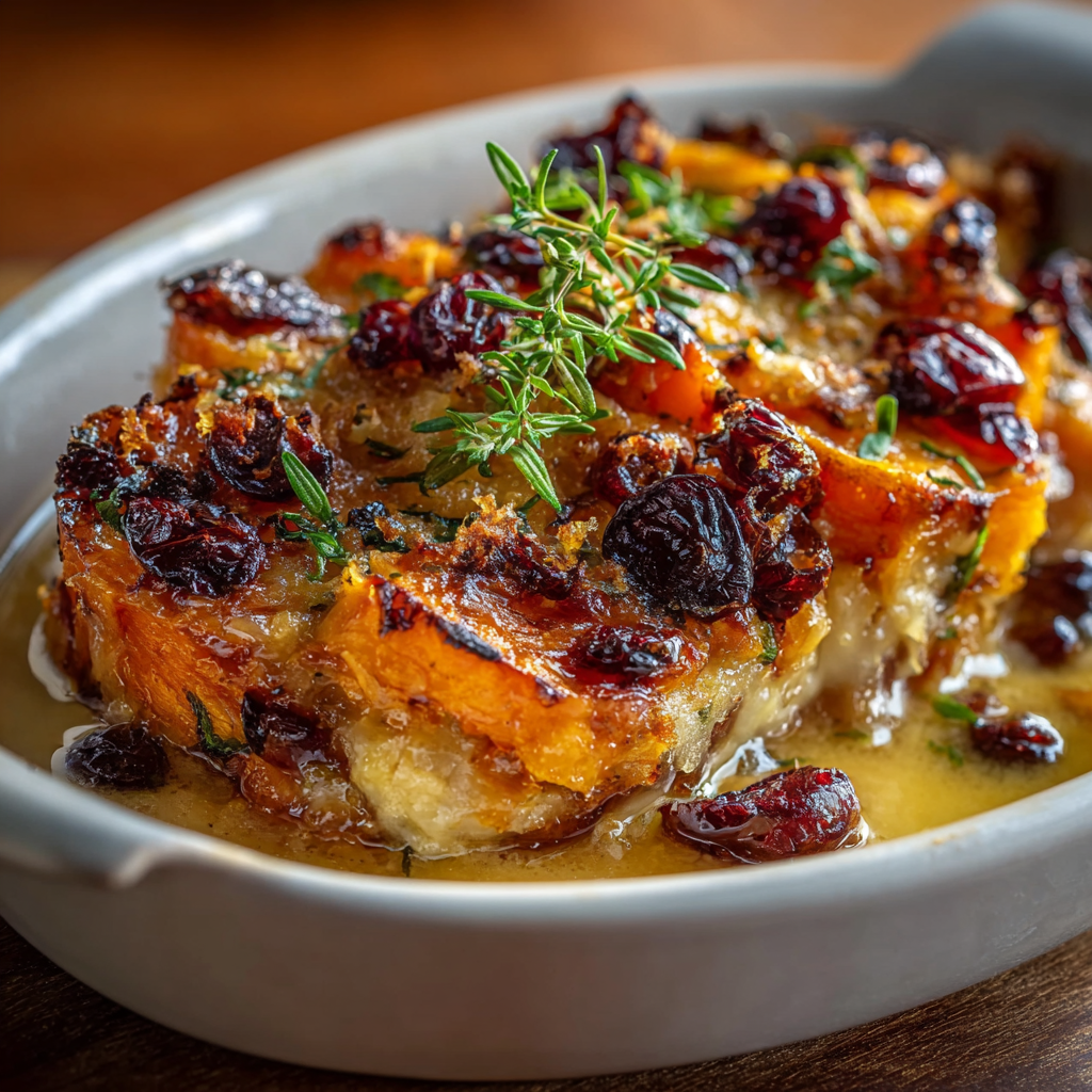 A close-up of a golden sweet potato and cranberry gratin fresh from the oven