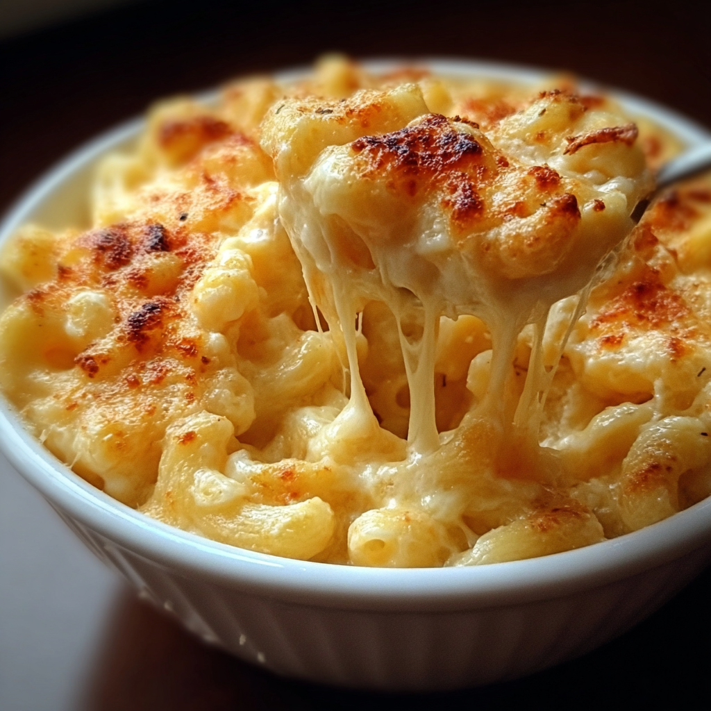 Baked mac and cheese in a casserole dish