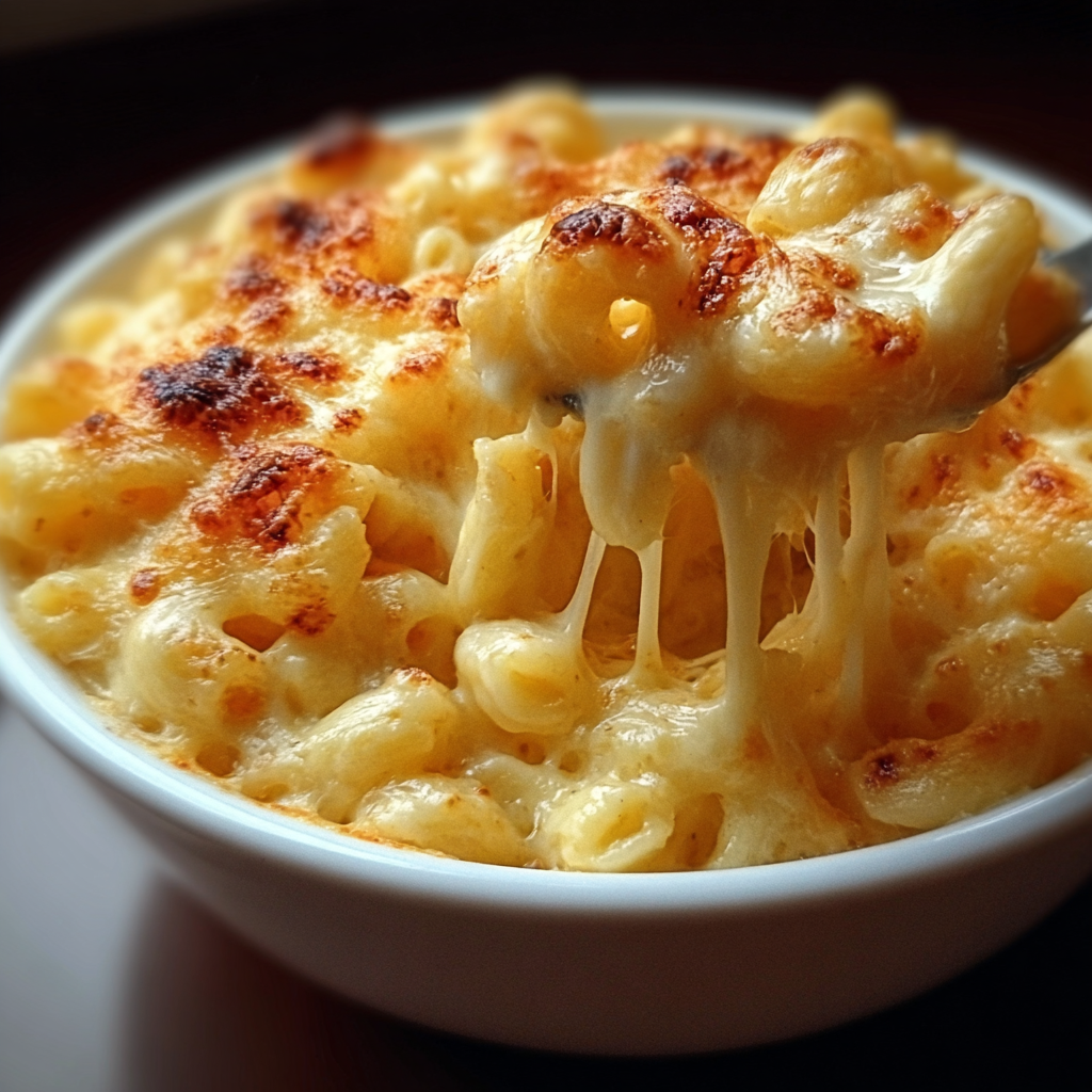 Close up of creamy mac and cheese with crispy topping