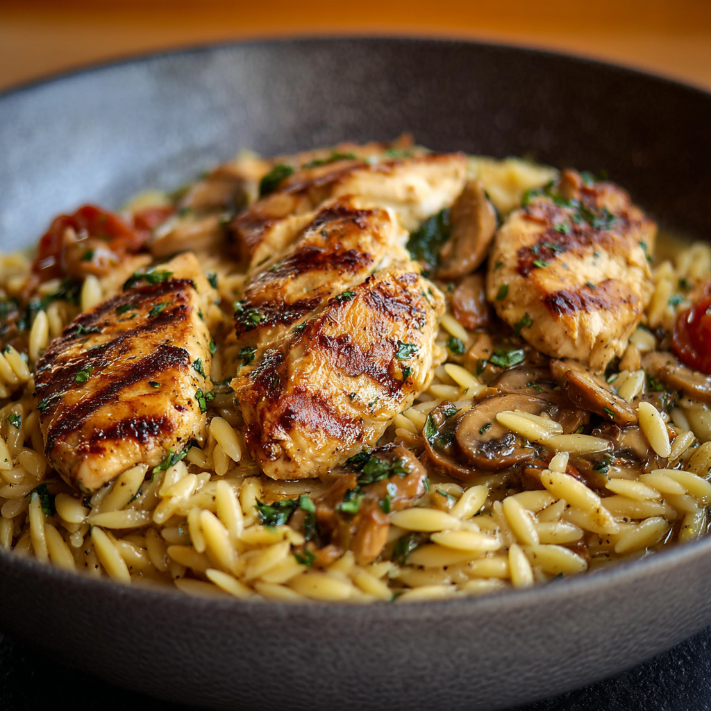 Creamy Marsala chicken with orzo in skillet