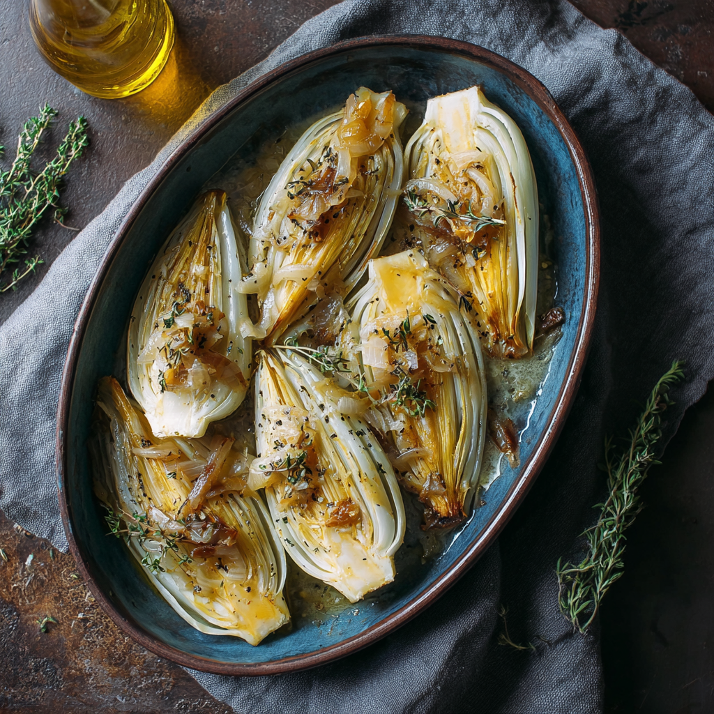 Piled cooked endives with caramelized onions