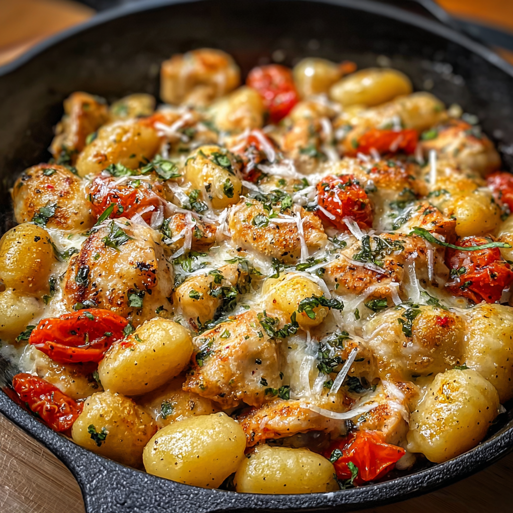 Creamy garlic chicken gnocchi in skillet with spinach and mushrooms