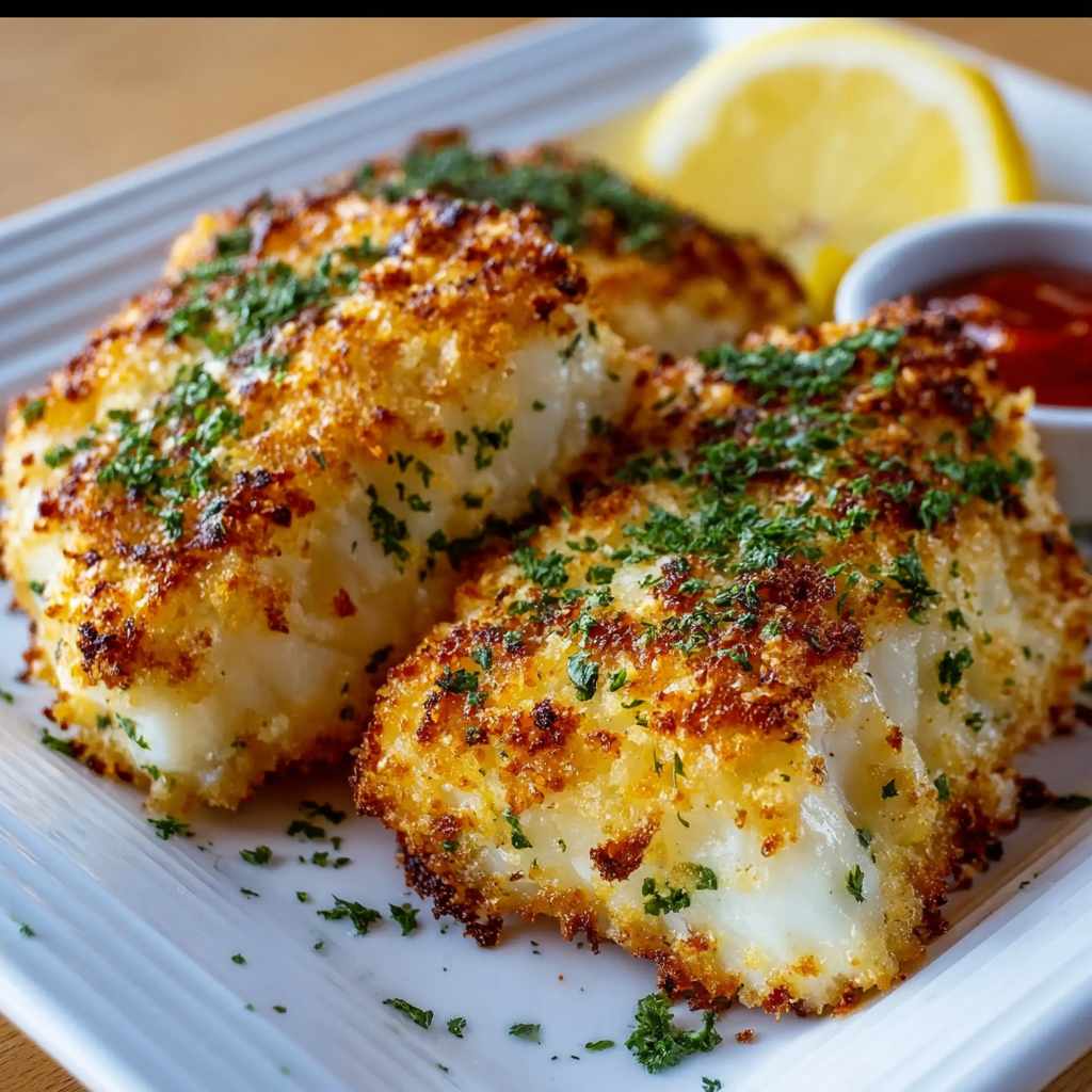 Plated Parmesan crusted cod with salad
