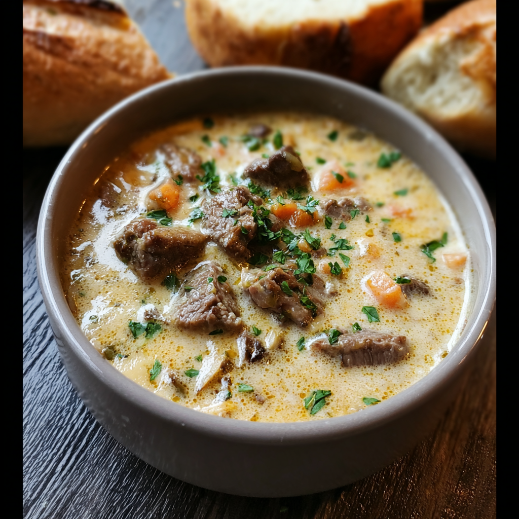 Creamy Philly Cheese Steak Soup in a bowl with melted cheese
