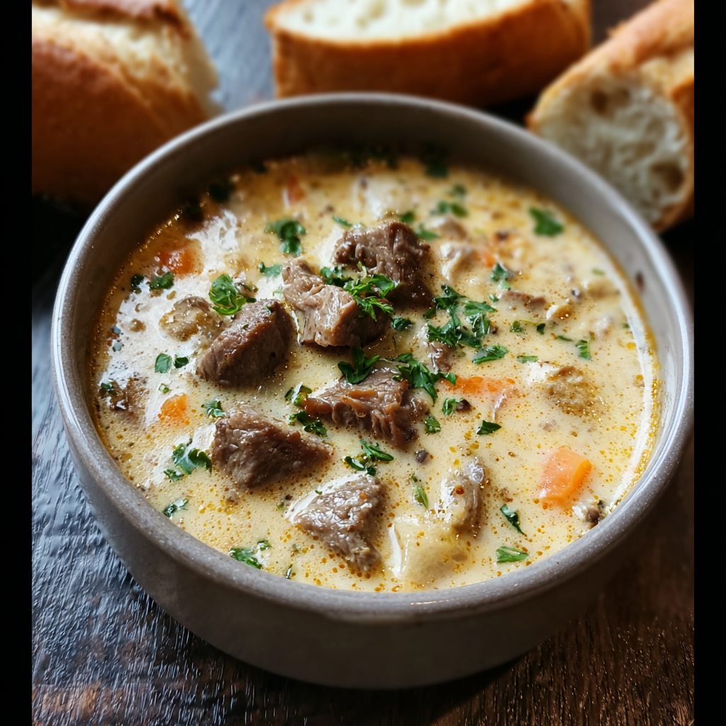 Close up of melting provolone in the soup