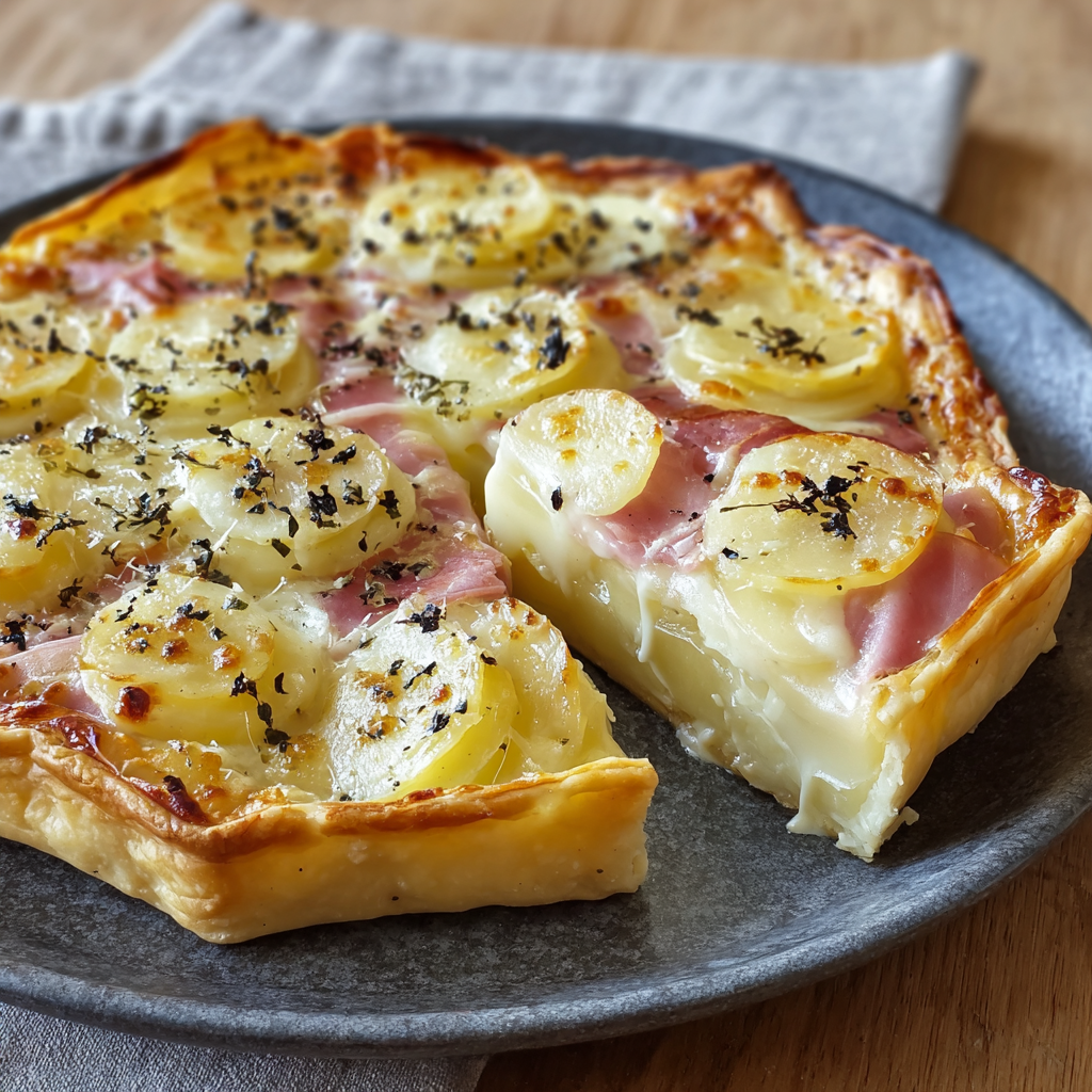 Tarticlette prête à cuire - pâte garnie de jambon, pommes de terre et fromage