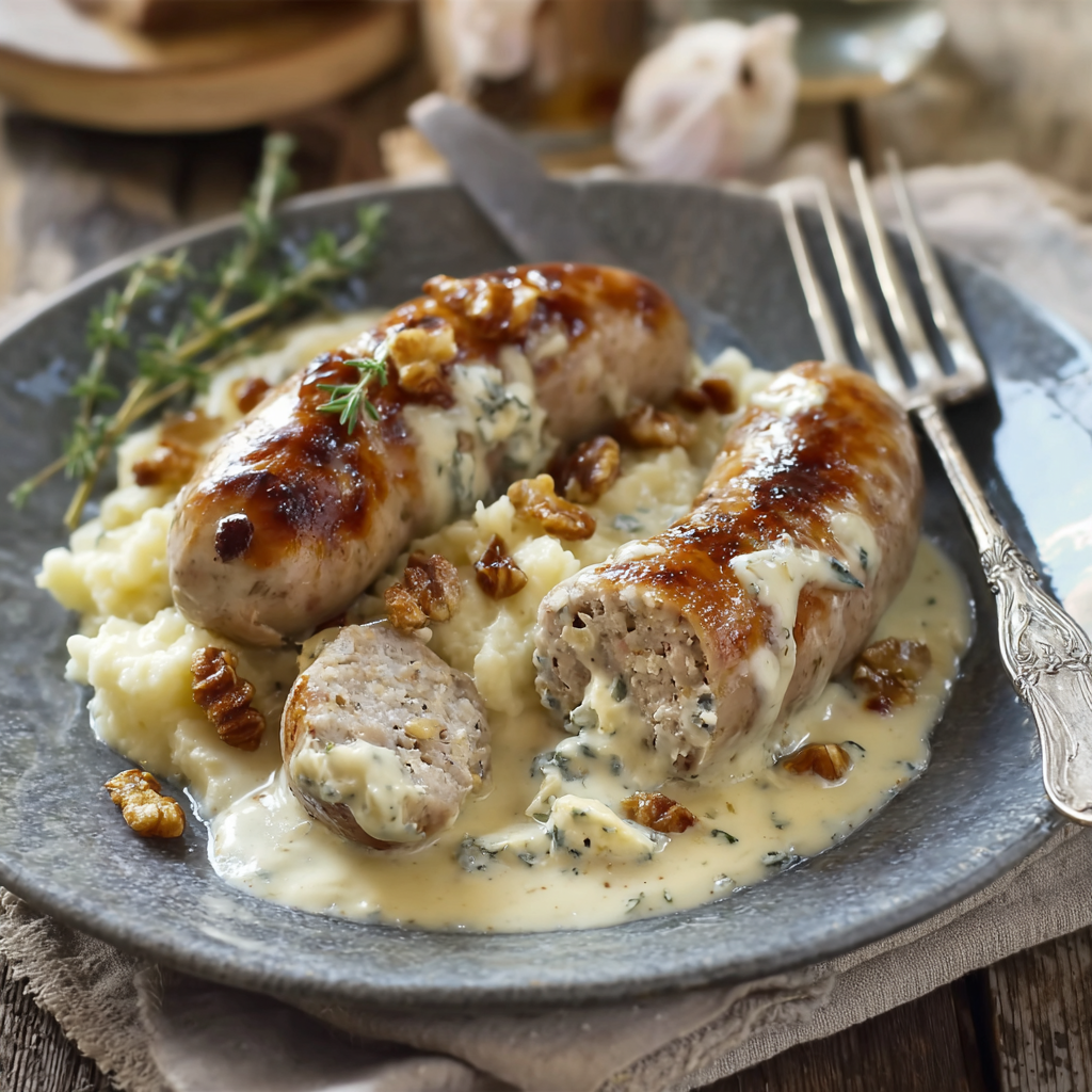 Sauce onctueuse au Roquefort versée sur boudin