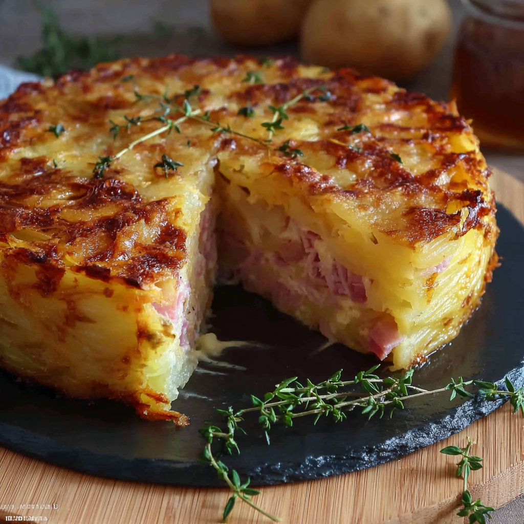 Gâteau de pommes de terre entier, doré au four