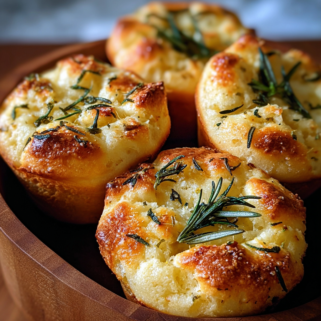 Golden baked focaccia muffins cooling on a rack