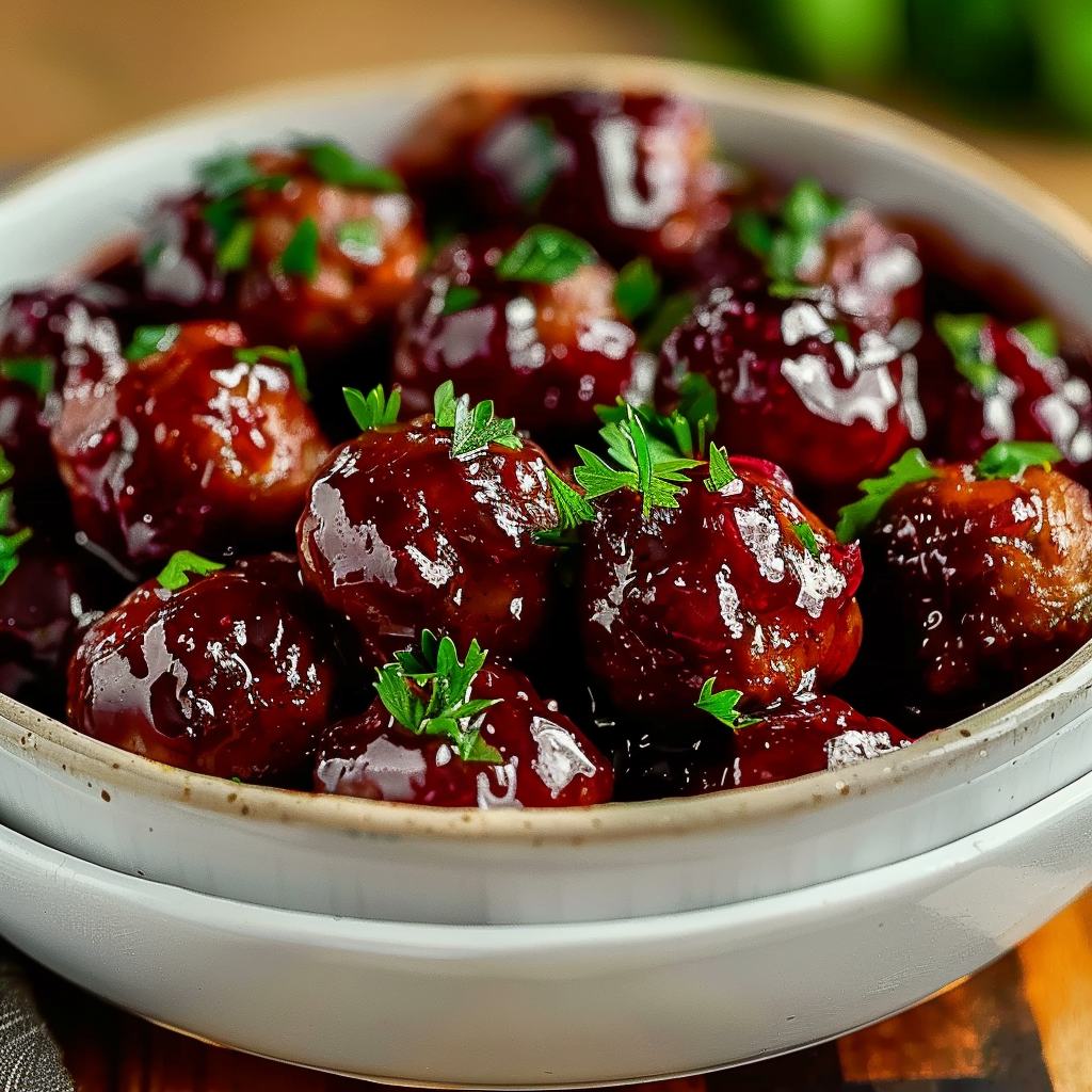 Cranberry meatballs simmering in glossy sauce