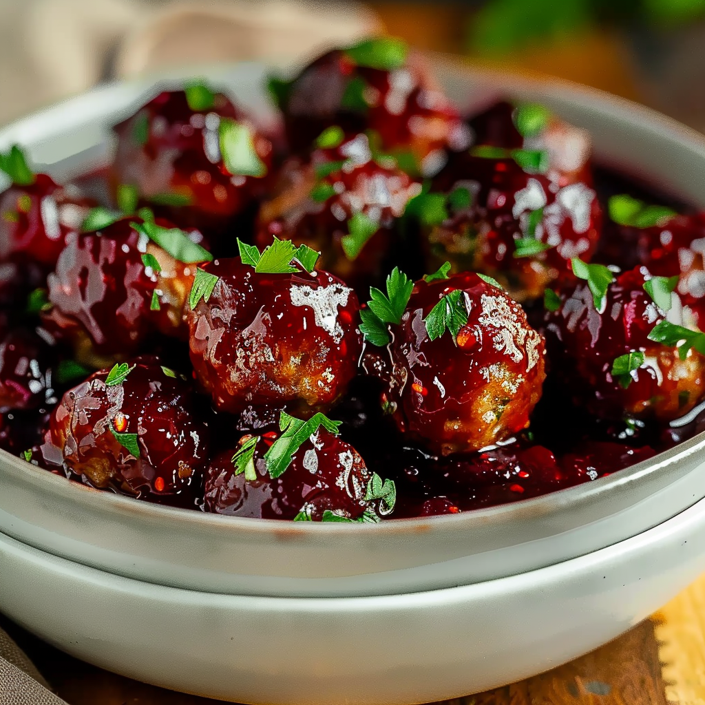 Platter of cranberry meatballs with garnish