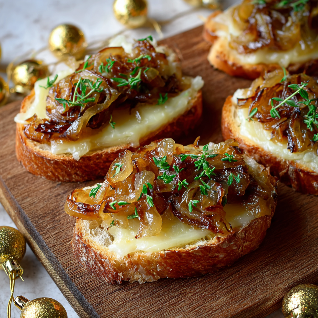 Bruschettas de Noël – Oignons Caramélisés & Gruyère Fondant