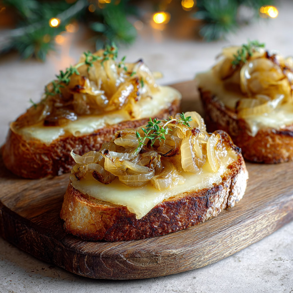 Bruschettas avec oignons caramélisés et gruyère fondu