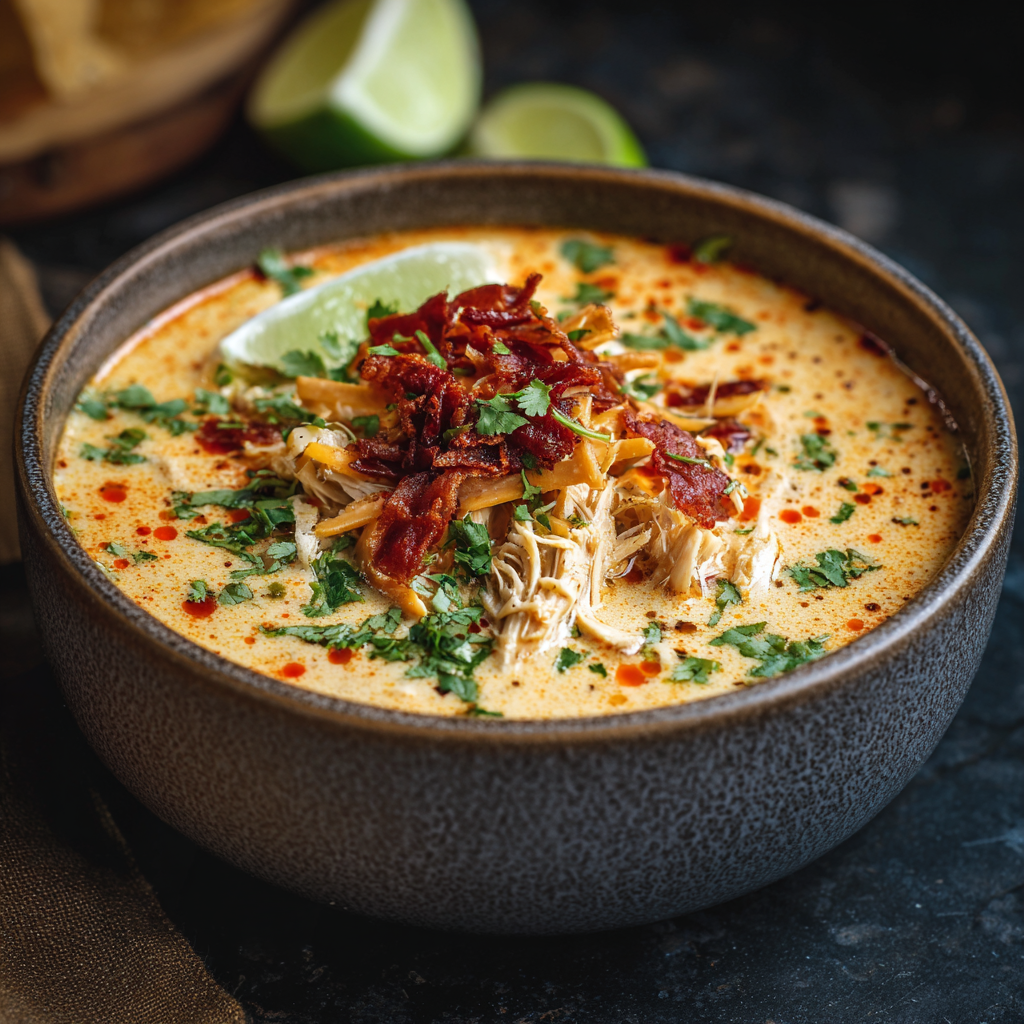 Creamy Chicken Enchilada Soup in a bowl with cilantro and chips