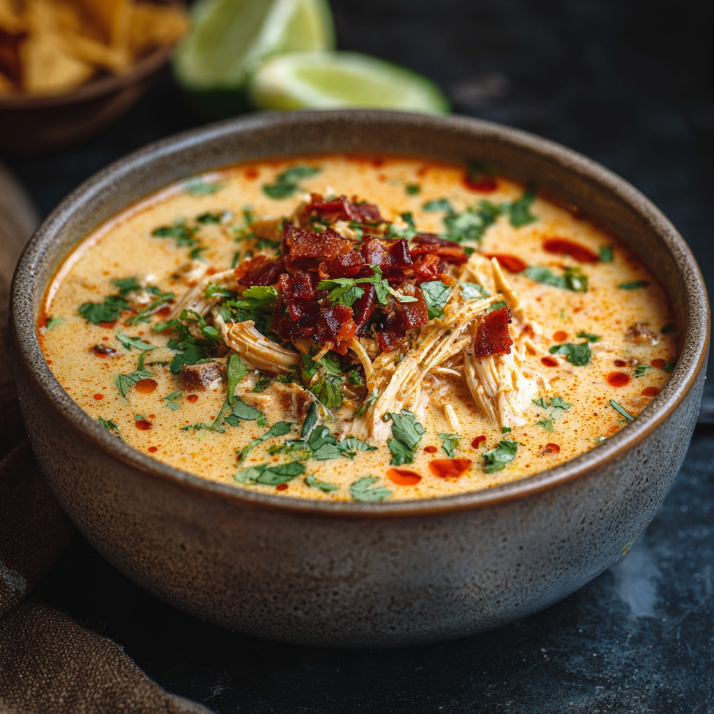 Serving suggestion with tortilla chips and cilantro garnish
