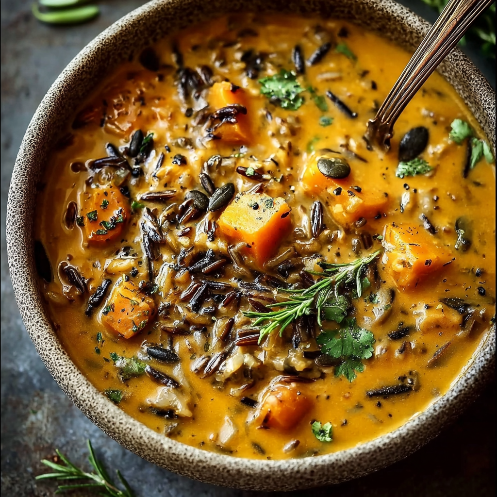 Bowl of vegan pumpkin wild rice soup with herbs