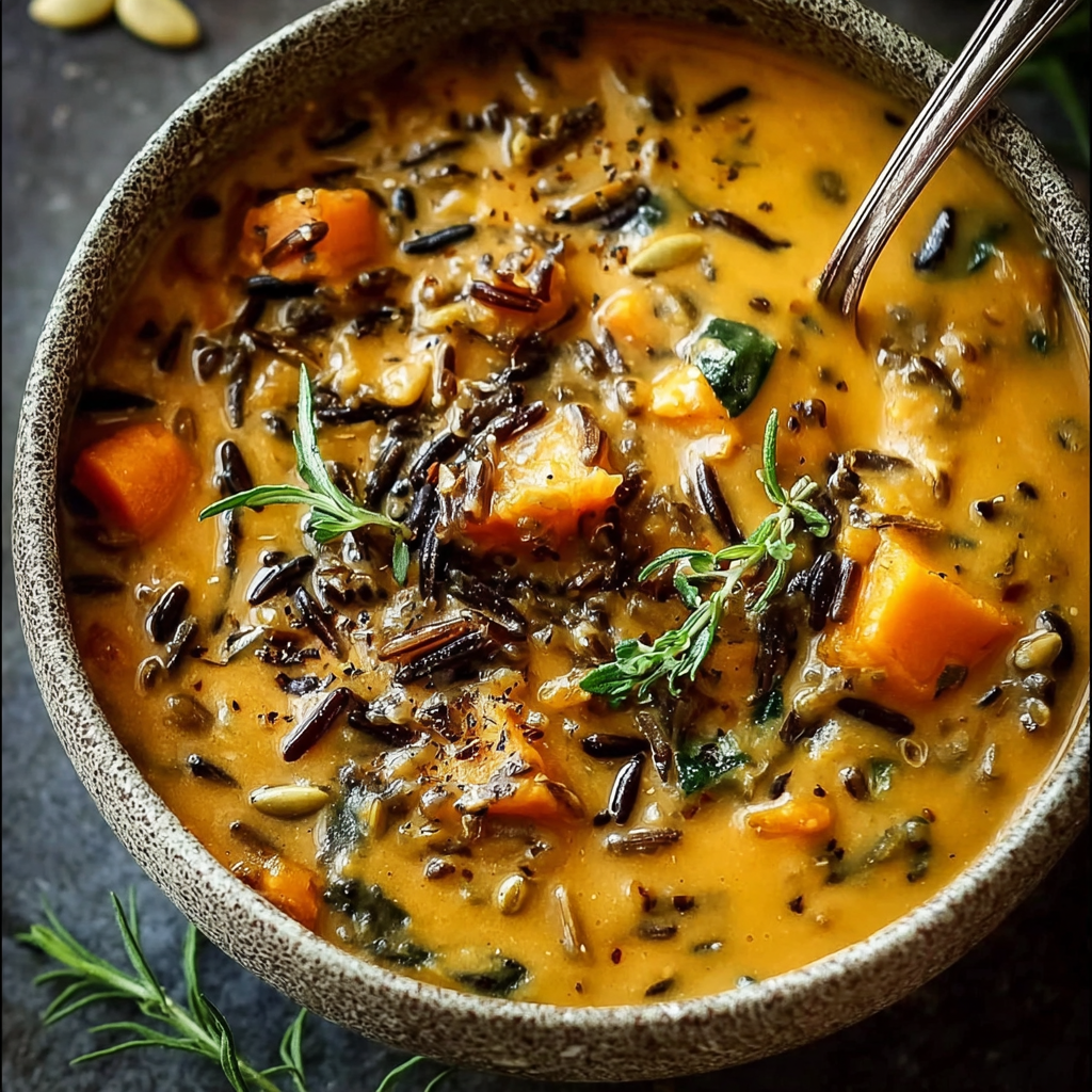 Ingredients for vegan pumpkin wild rice soup on a counter