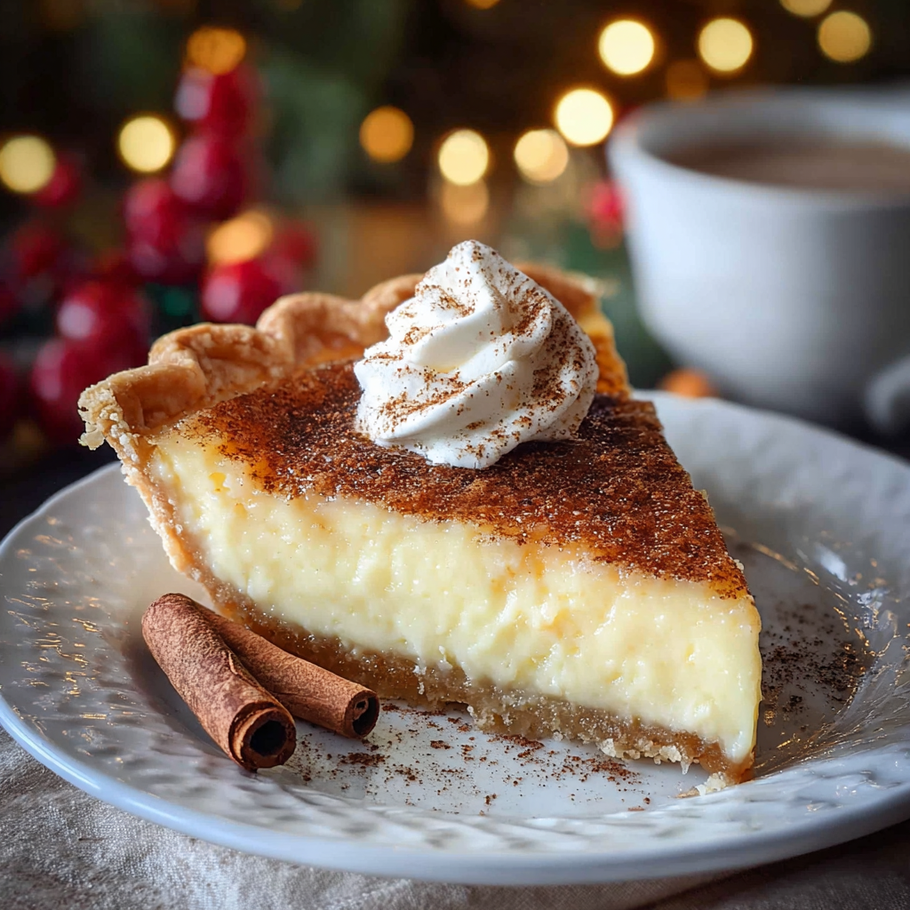 Slice of cinnamon vanilla custard pie on a plate