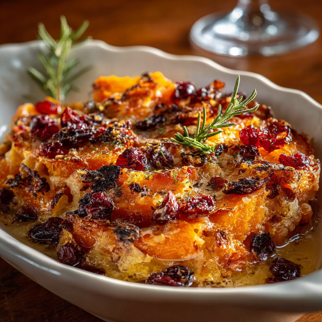 Sweet potato and cranberry gratin with golden crust