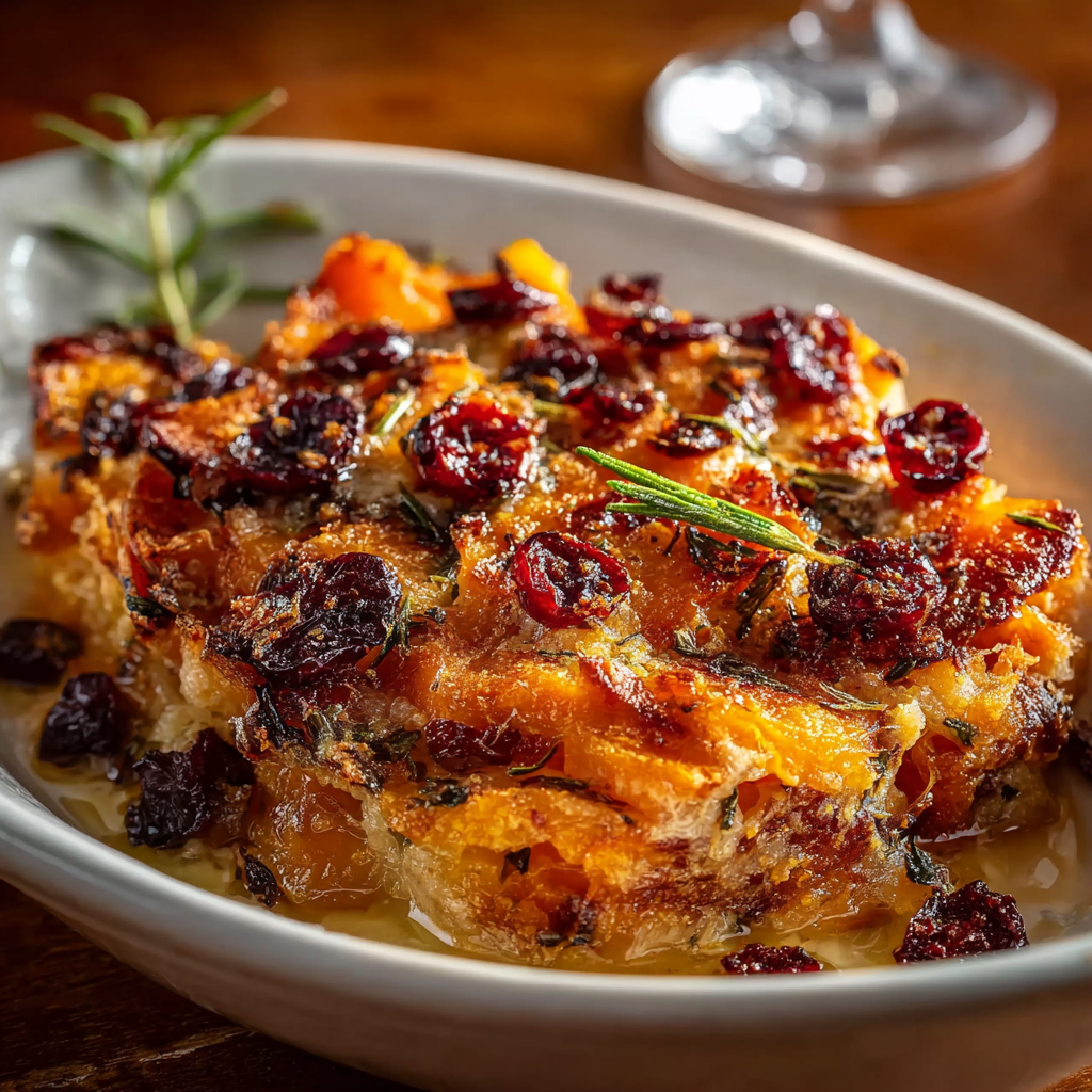 Serving suggestion with garnished gratin and seasonal sides