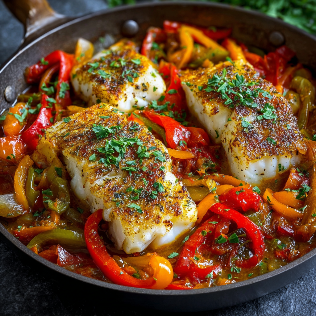 Poêlée de cabillaud et poivrons en sauce