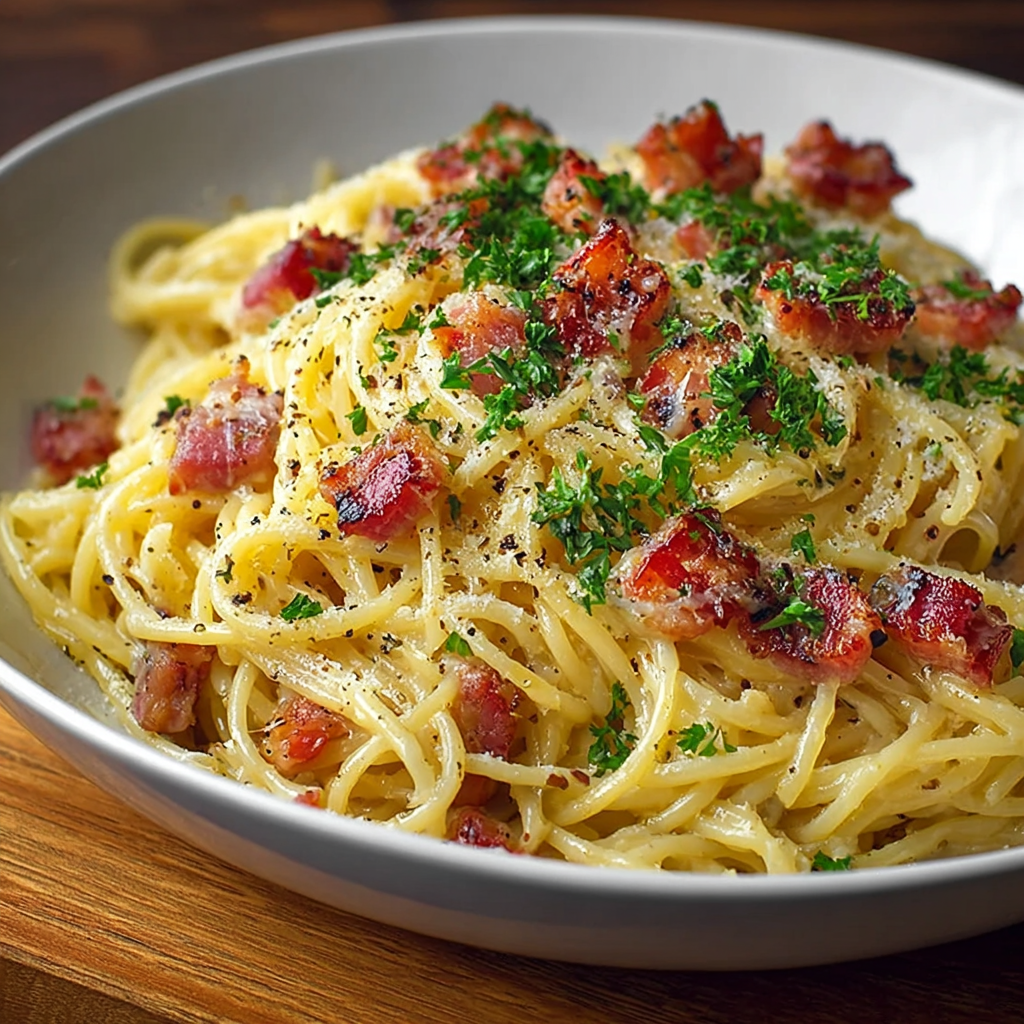 Bol de spaghettis carbonara avec lardons croustillants