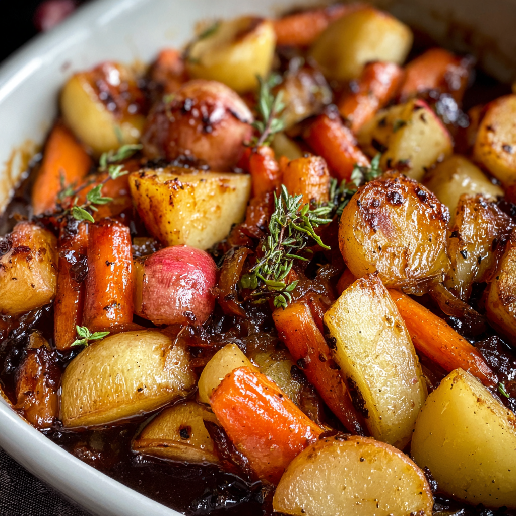 Maple Dijon roasted apples and carrots on baking sheet