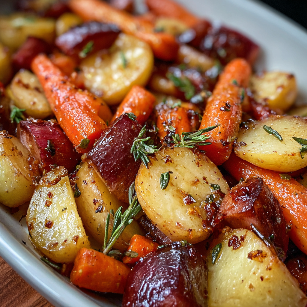 Served roasted apples and carrots with garnish