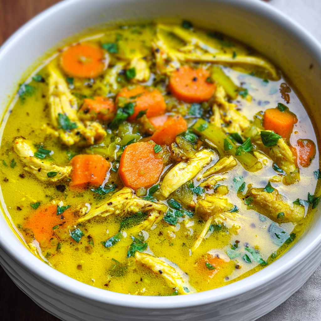 Bowl of turmeric chicken soup with parsley garnish