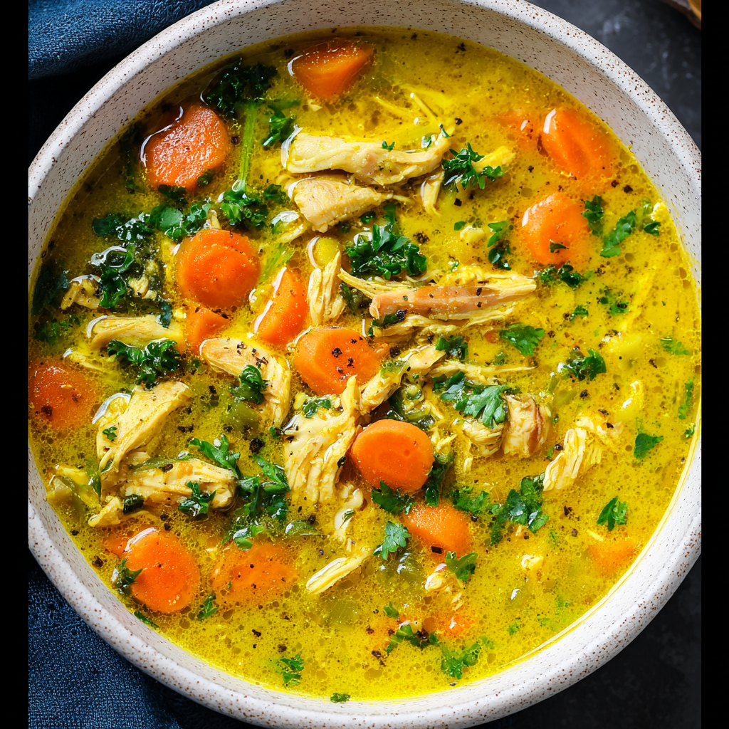 Close-up of turmeric chicken soup with vegetables