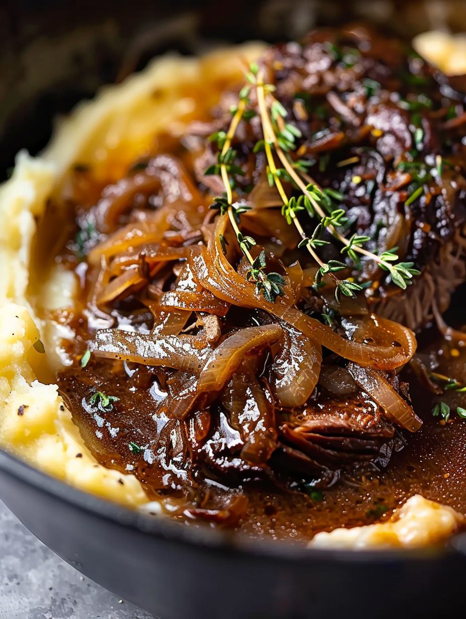 French onion pot roast in Dutch oven with caramelized onions