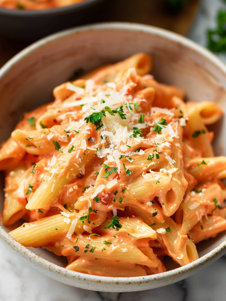 Creamy tomato garlic pasta in skillet
