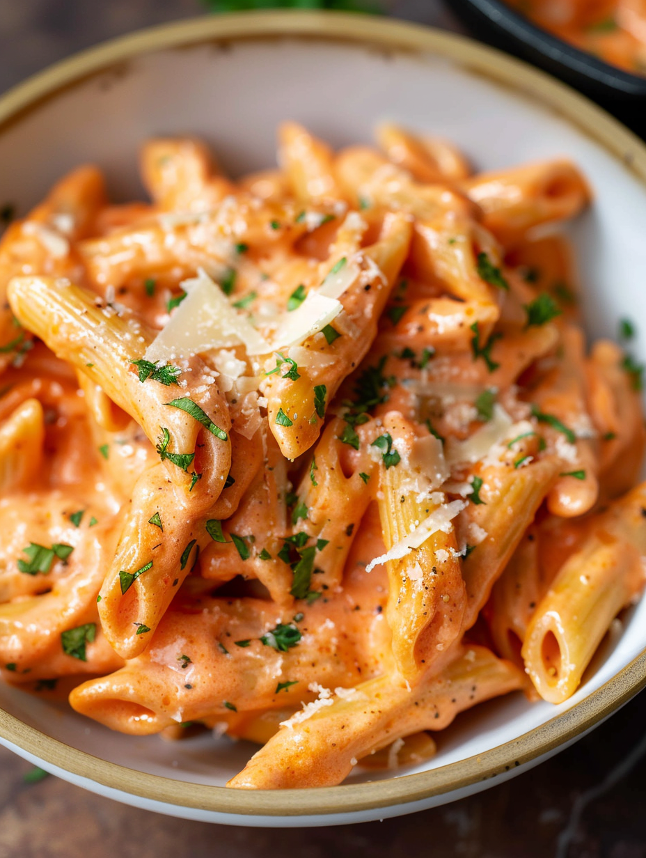 Plated pasta with basil and Parmesan
